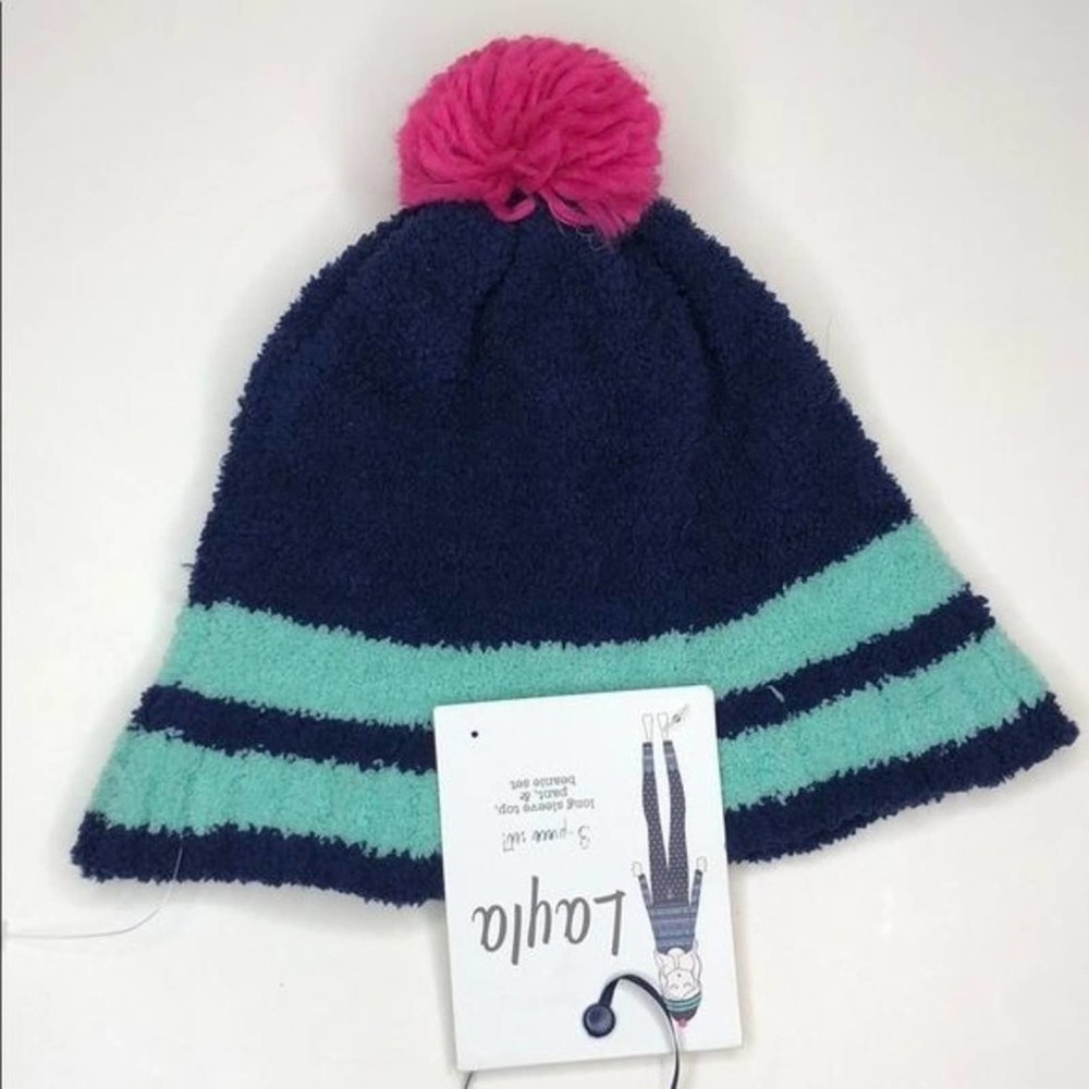 Layla plush striped beanie hat with puff